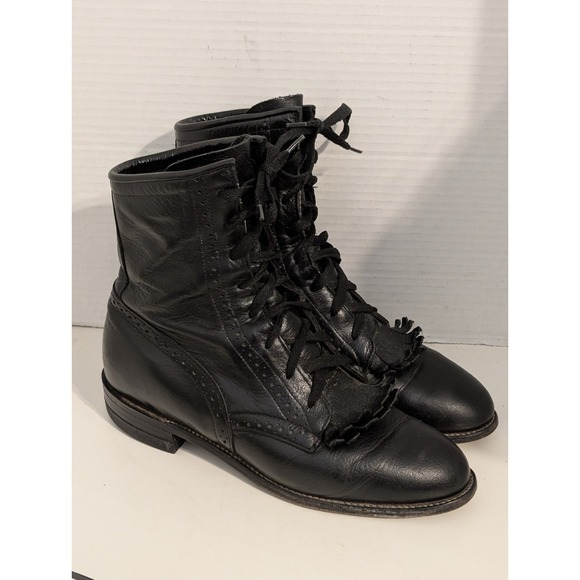 Justin Taylor Shoes - Vintage Justin Women's Black Leather Lace-Up Kiltie Roper Boots 7.5B